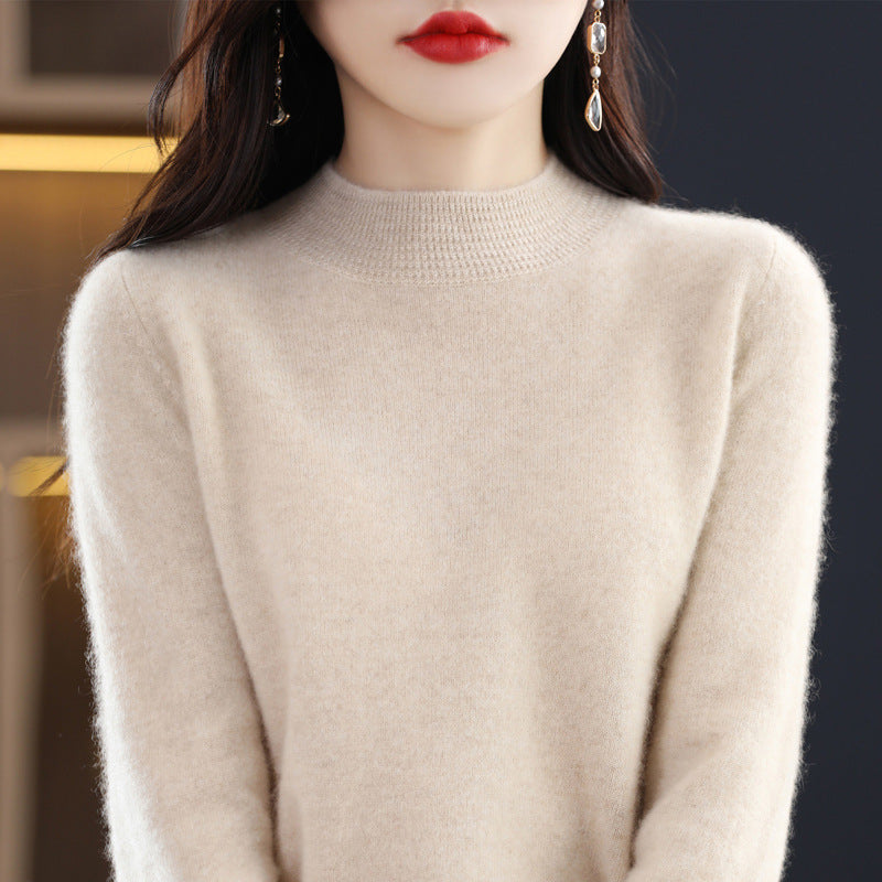 Autumn/Winter Seamless Woolen Sweater Women's 100 Wool Half Turtleneck Loose Pullover Sweater With Slimming Undercoat