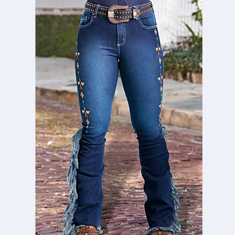 Embroidery Side Fringe Side Raw Hem Mid Waist Bootcut Jeans Without Belt