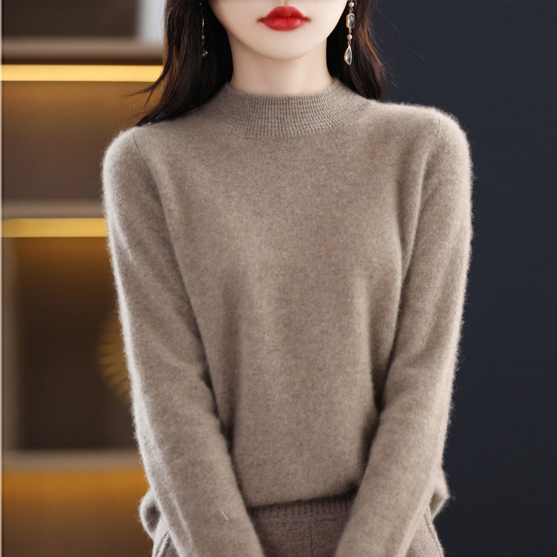 Autumn/Winter Seamless Woolen Sweater Women's 100 Wool Half Turtleneck Loose Pullover Sweater With Slimming Undercoat