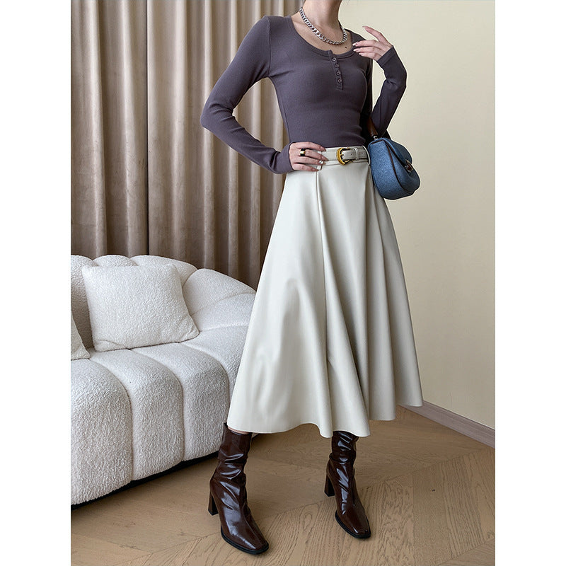 Commuter Style Pleated Temperament A-Line Leather Skirt