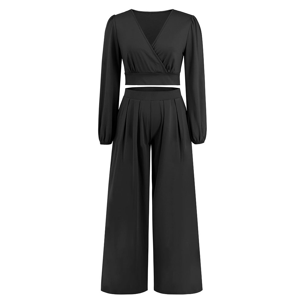 Autumn And Winter New Women's V-Neck Long Sleeve Short Jacket + Straight Trousers Two-Piece Suit Big Size