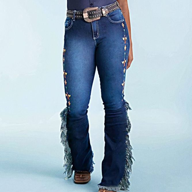 Embroidery Side Fringe Side Raw Hem Mid Waist Bootcut Jeans Without Belt