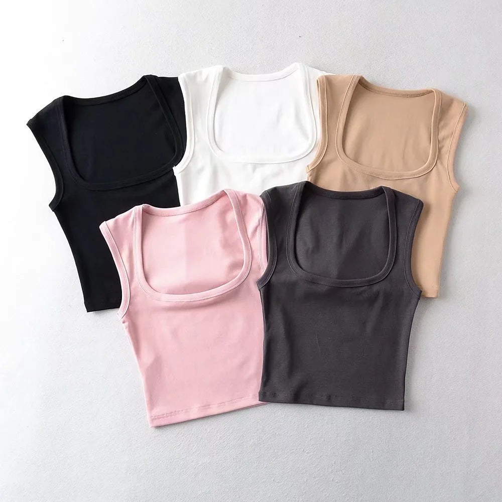 Summer Sexy Slim Deep Square Neck Vest Women Short Crop Tight Solid Color Sleeveless Top Small T Tide