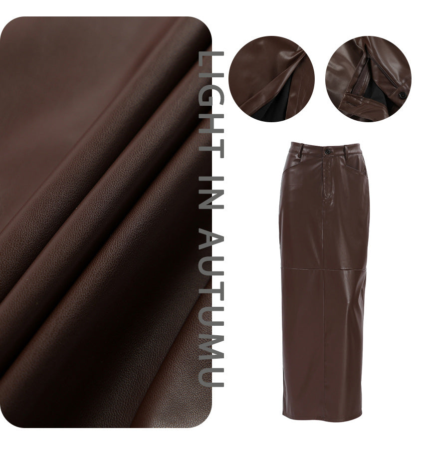 Autumn And Winter New Pu Leather Retro Slim-Fit Package Hip A-Line Leather Long Dress Elegant Temperament Female