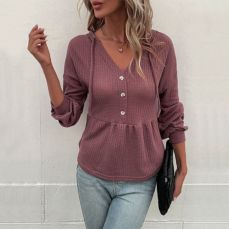 Chic and Cozy: Women's Autumn Waffle Long-Sleeved Hooded Jumper Sweater