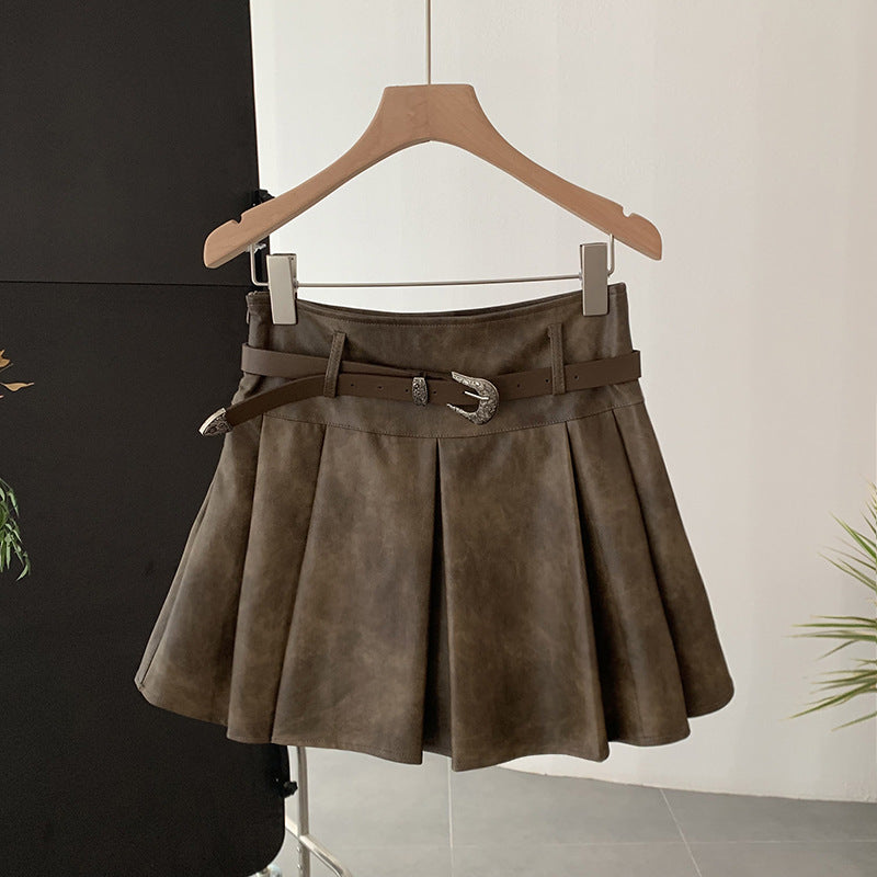 Vintage Style Autumn Fashion High-Waisted Pleated Pu Leather Skirt Anti-Exposure A-Line Skirt