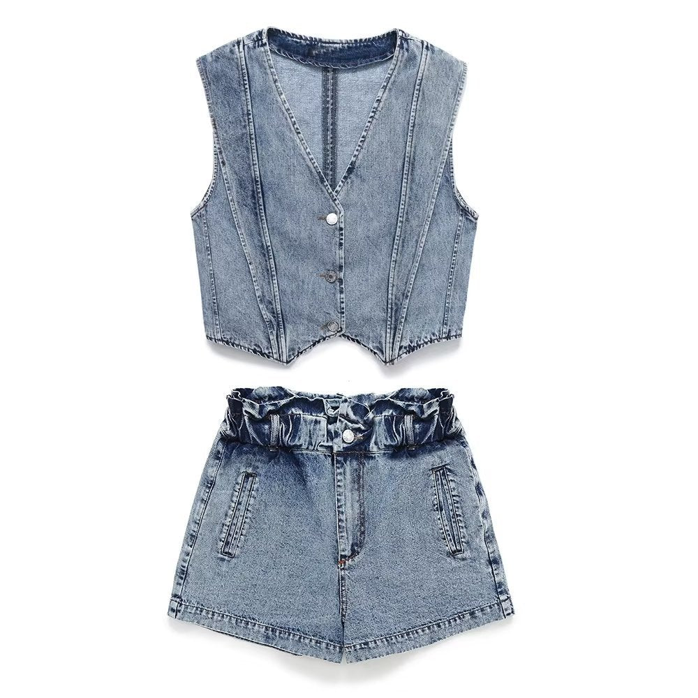 Summer Women's Casual Wash Effect Denim Vest + Shorts Set