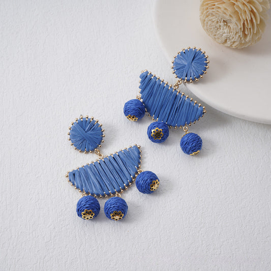 5 pairs Fan-Shaped Hand-Woven Raffia Grass Round Fringe Exaggerated Female Earrings