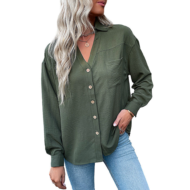 Fashion autumn new Women's lapel solid color shirt