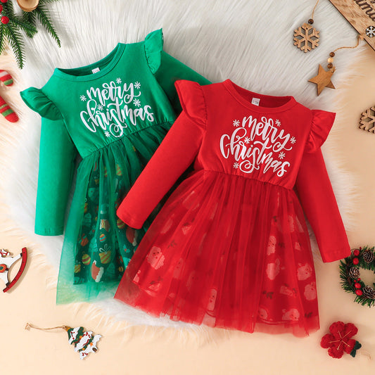 New Baby Dress Spring And Autumn Christmas Girl Letter Printed Gauze Skirt A-Line Skirt