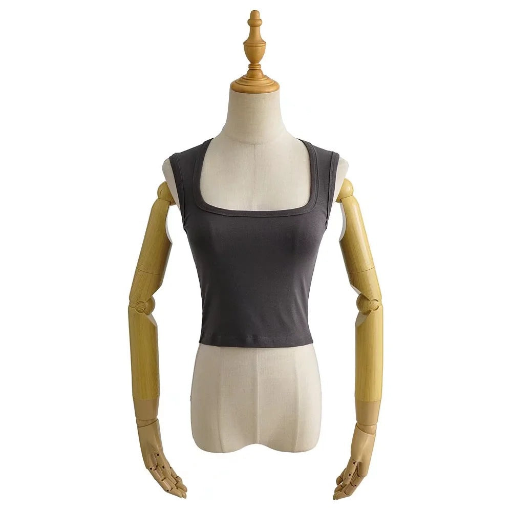 Summer Sexy Slim Deep Square Neck Vest Women Short Crop Tight Solid Color Sleeveless Top Small T Tide