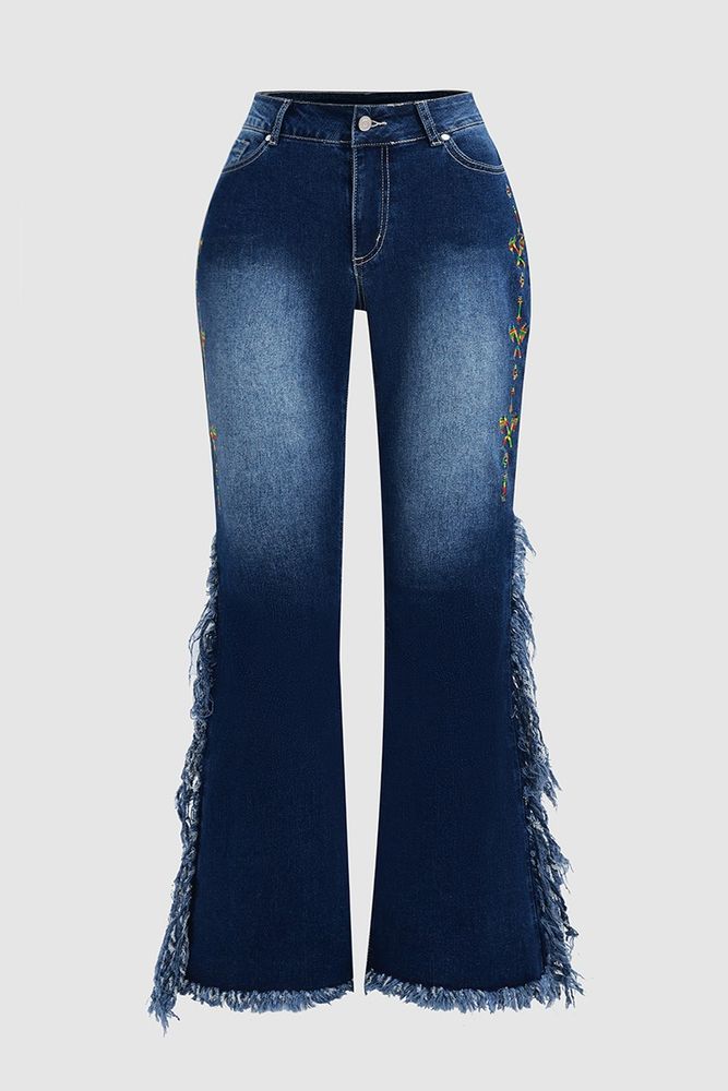 Embroidery Side Fringe Side Raw Hem Mid Waist Bootcut Jeans Without Belt