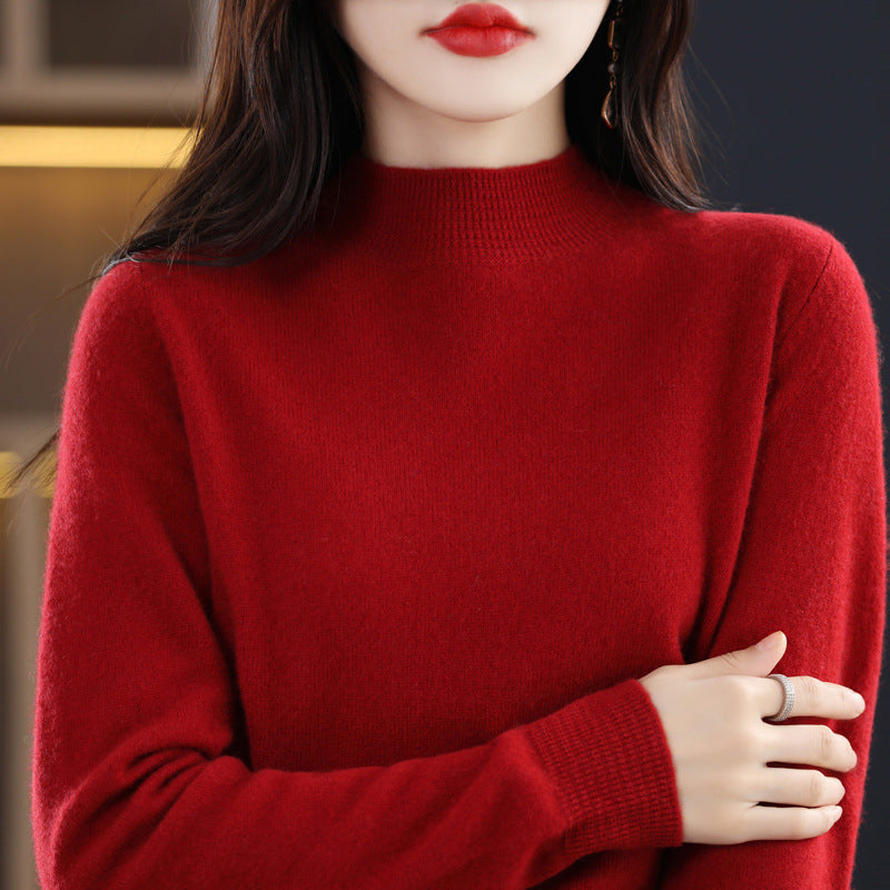 Autumn/Winter Seamless Woolen Sweater Women's 100 Wool Half Turtleneck Loose Pullover Sweater With Slimming Undercoat