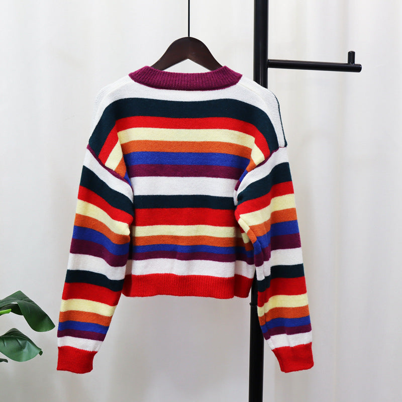 Thin striped sweater top for women new spring/summer new crewneck retro design sense of fashion sweater cardigan tide