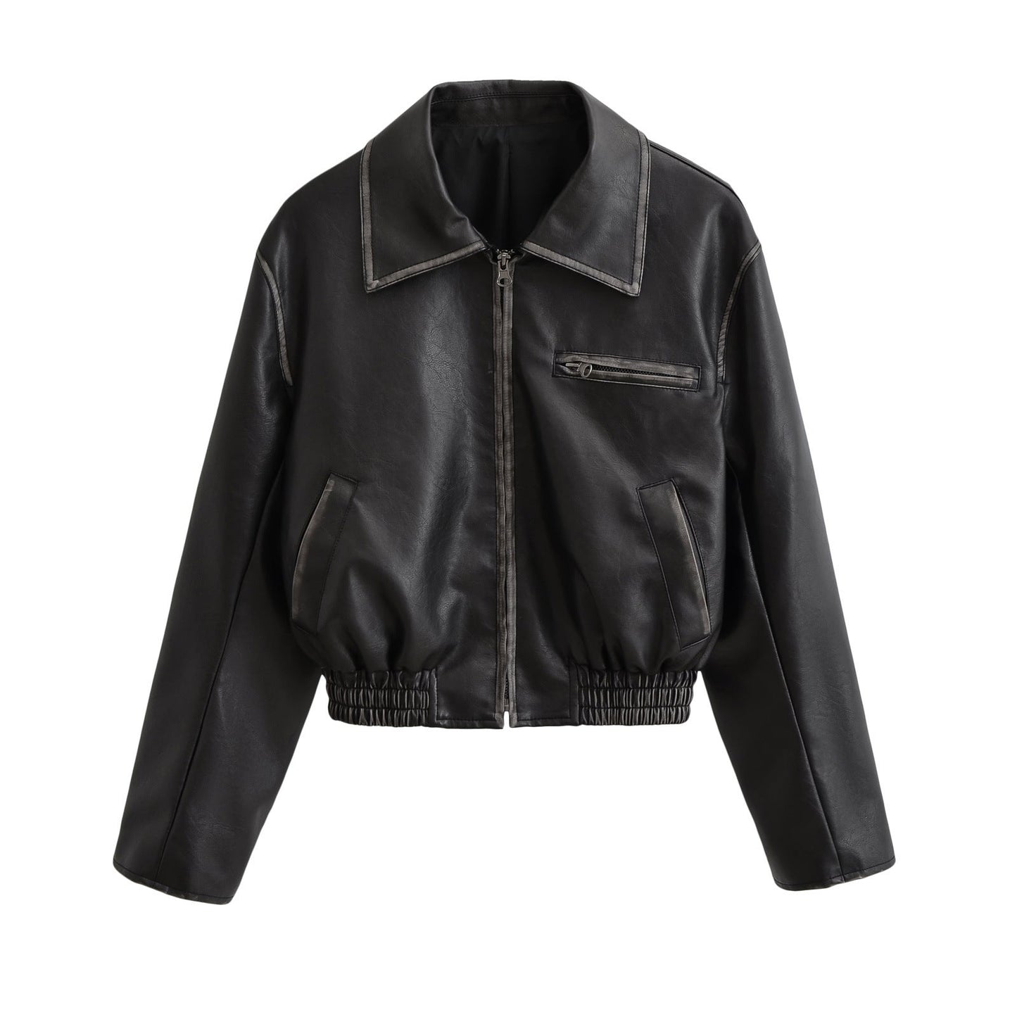 Maillard Style Retro Wipe Color Do Old Motorcycle Leather Jacket Female Autumn/Winter Spice High-Waisted Leather Coat