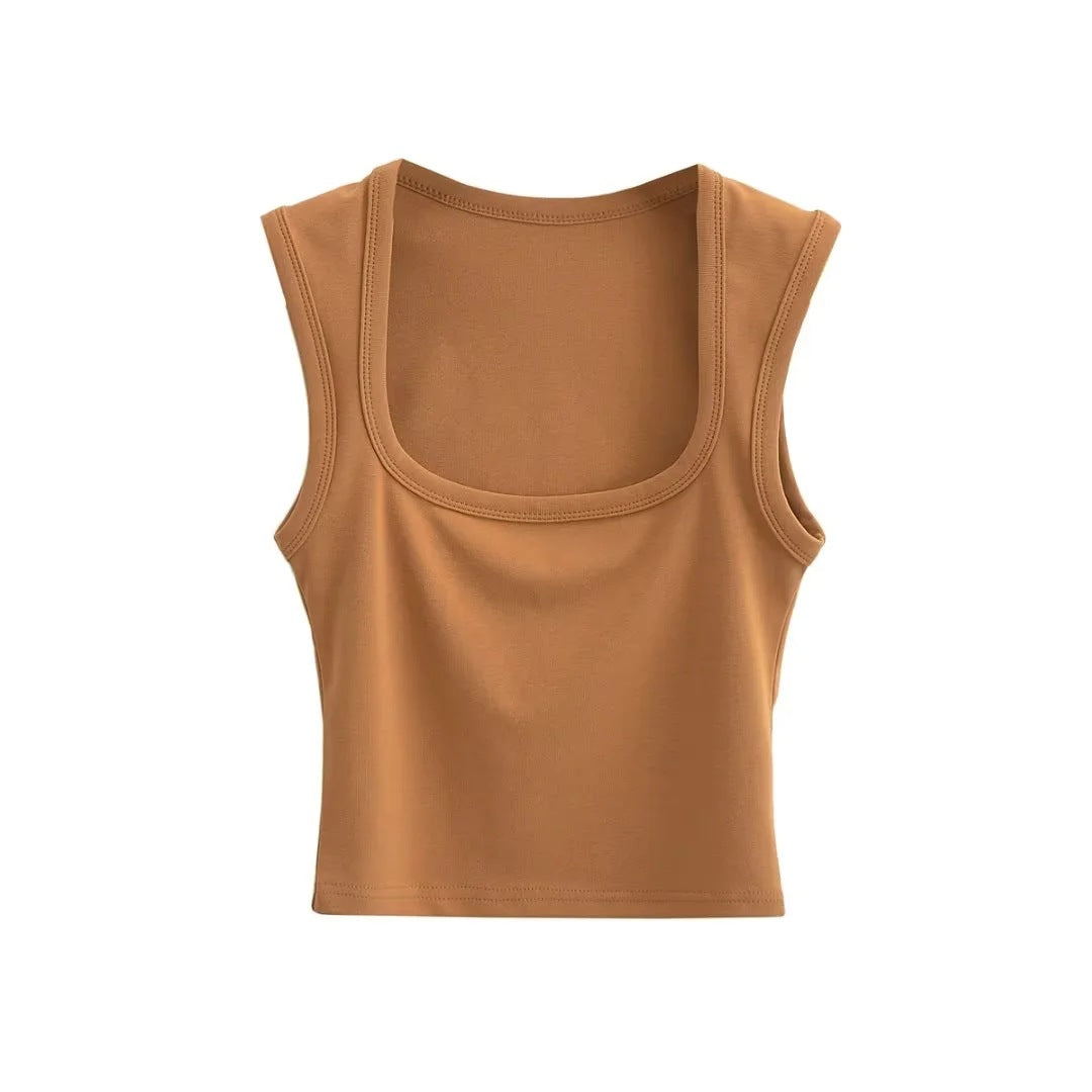 Summer Sexy Slim Deep Square Neck Vest Women Short Crop Tight Solid Color Sleeveless Top Small T Tide