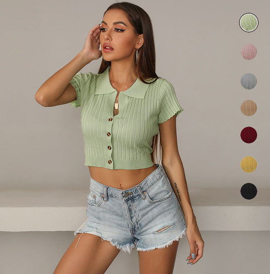 Lapel Short Sleeve Shirt Women's Slim-Fit Short Crop Knit Base