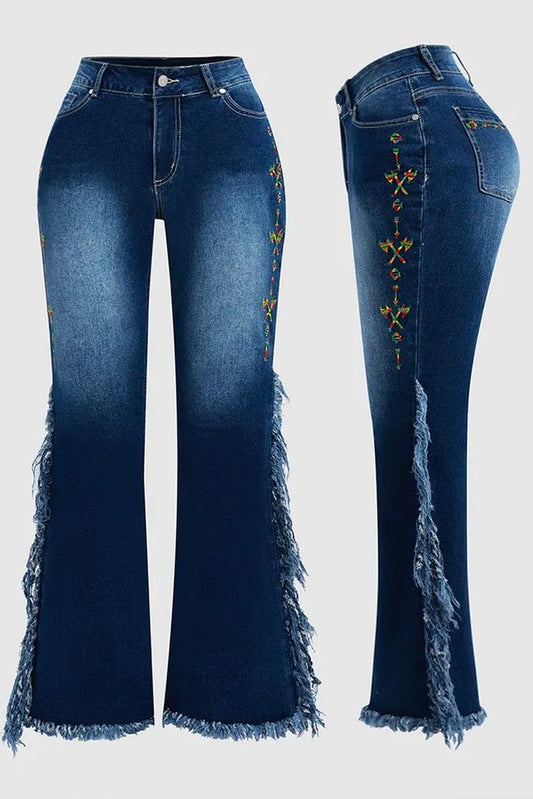 Embroidery Side Fringe Side Raw Hem Mid Waist Bootcut Jeans Without Belt