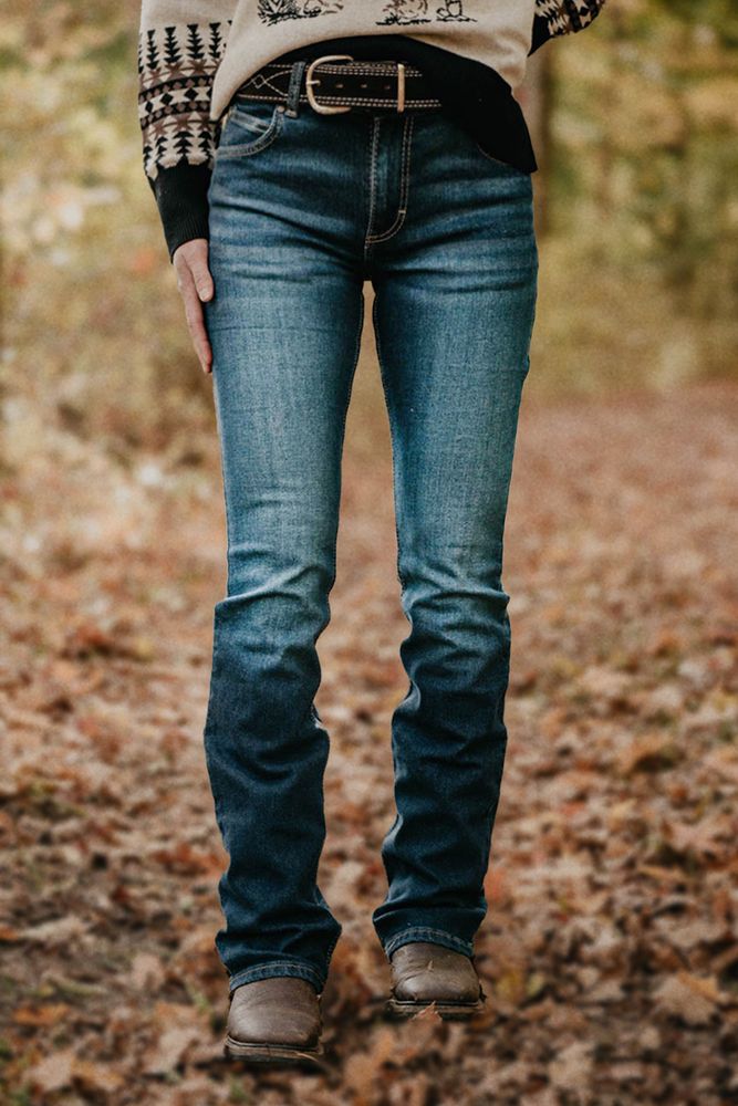 Embroidery High Rise Bootcut Jeans Without Belt