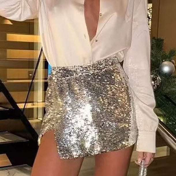 Spring New Silver Sequin Split Skirt Skirt With Hip Wrap Skirts