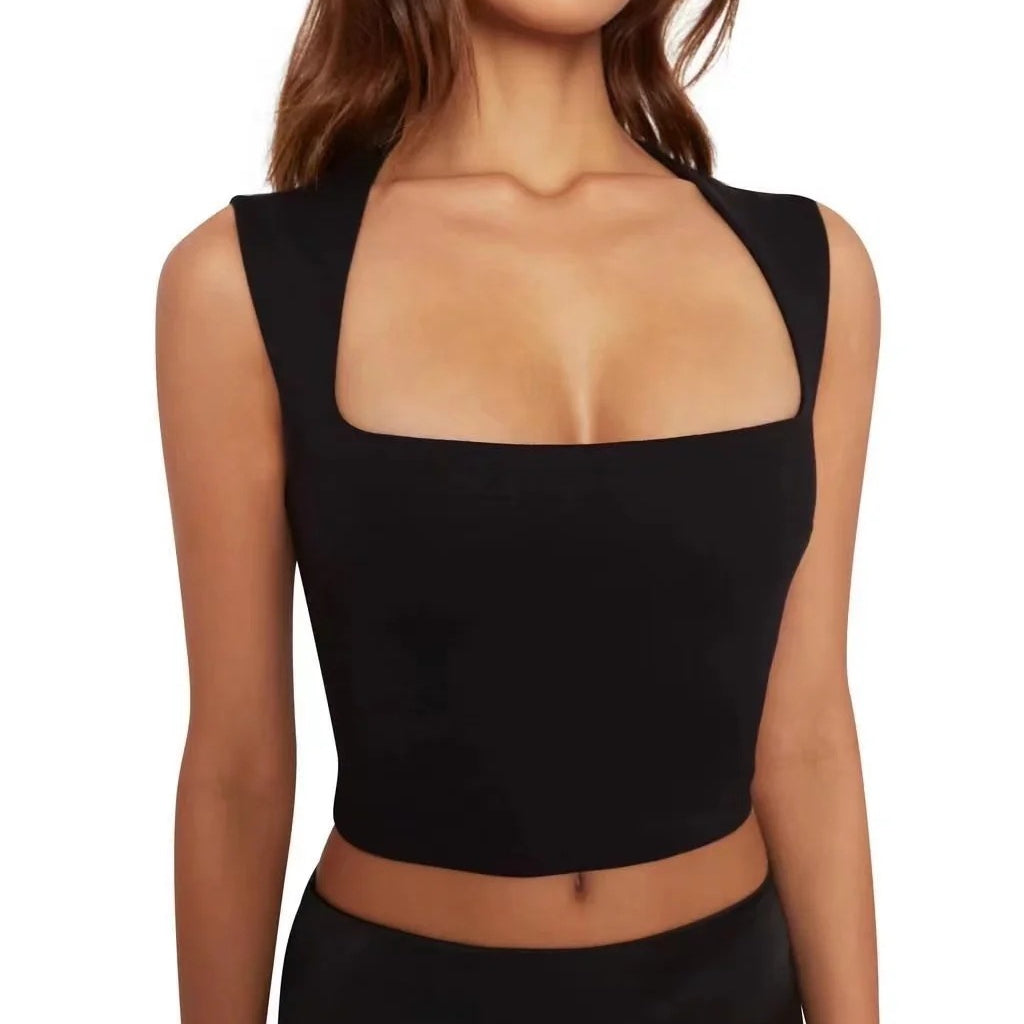 Summer Sexy Slim Deep Square Neck Vest Women Short Crop Tight Solid Color Sleeveless Top Small T Tide