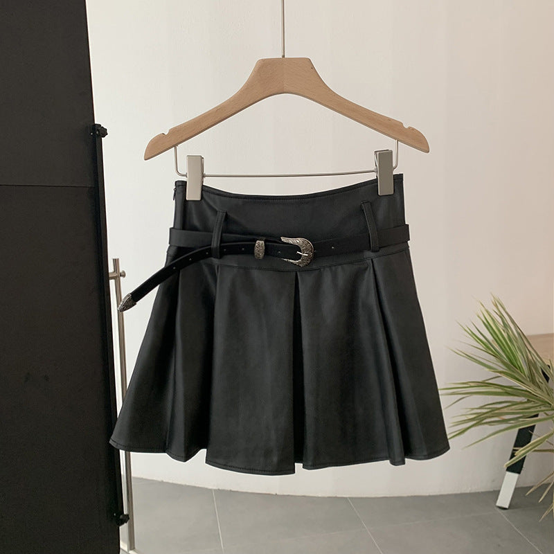 Vintage Style Autumn Fashion High-Waisted Pleated Pu Leather Skirt Anti-Exposure A-Line Skirt