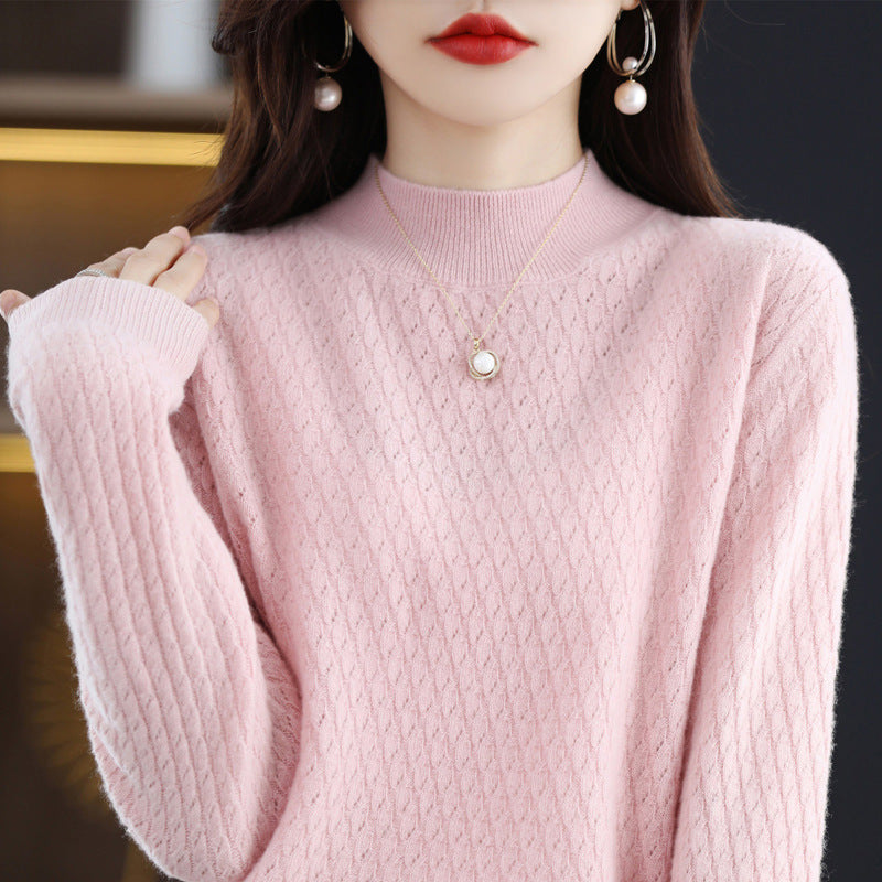 Full Body Jacquard Female Half Turtleneck 100 Woolen Sweater Autumn And Winter New Loose Foreign Style Cashmere Sweater To Wear