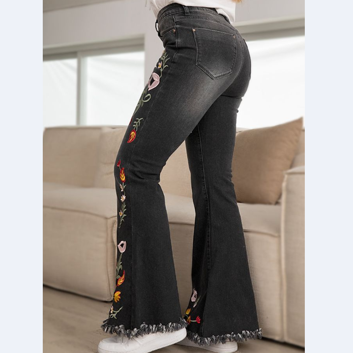 Floral Embroidery Raw Hem Mid Rise Flare Jeans