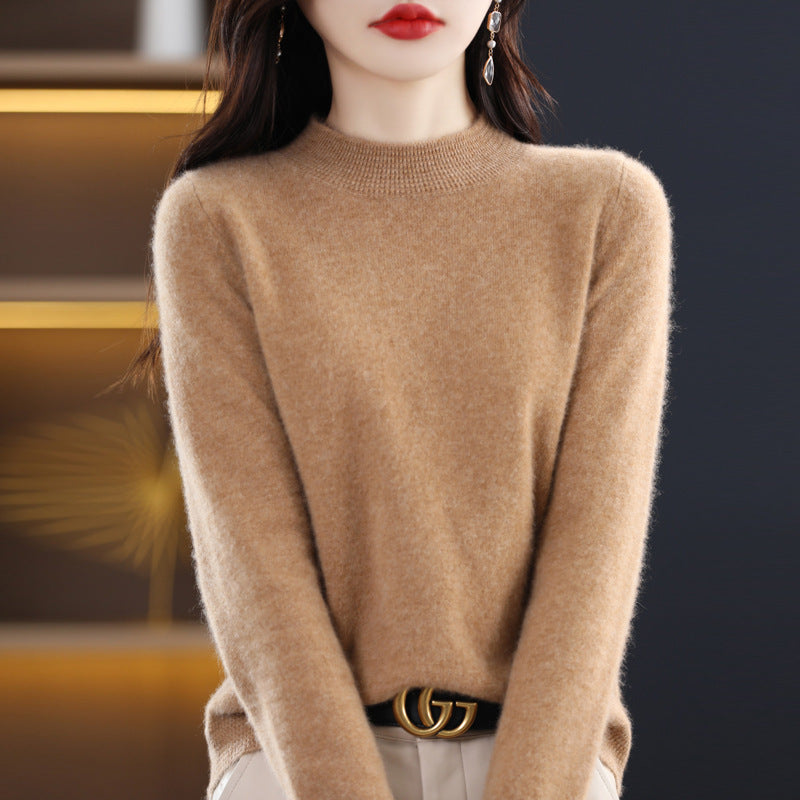 Autumn/Winter Seamless Woolen Sweater Women's 100 Wool Half Turtleneck Loose Pullover Sweater With Slimming Undercoat