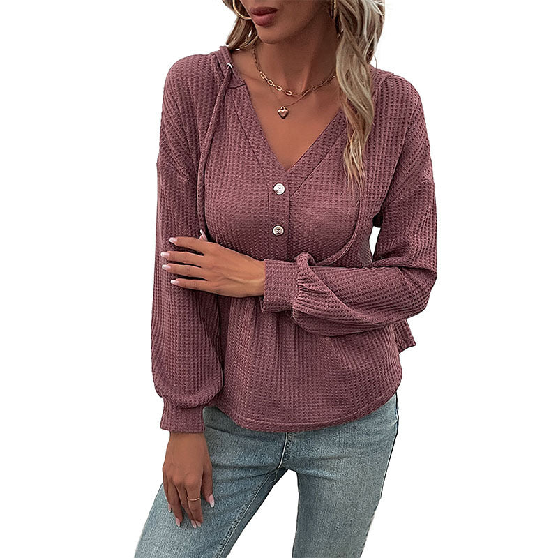 Chic and Cozy: Women's Autumn Waffle Long-Sleeved Hooded Jumper Sweater