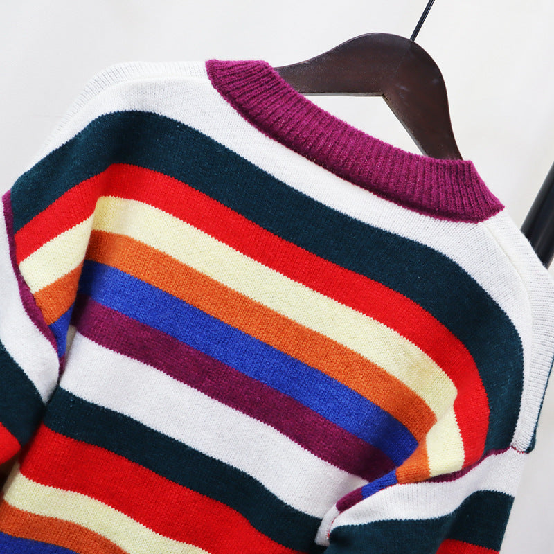 Thin striped sweater top for women new spring/summer new crewneck retro design sense of fashion sweater cardigan tide