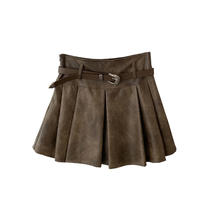 Vintage Style Autumn Fashion High-Waisted Pleated Pu Leather Skirt Anti-Exposure A-Line Skirt