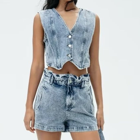 Summer Women's Casual Wash Effect Denim Vest + Shorts Set