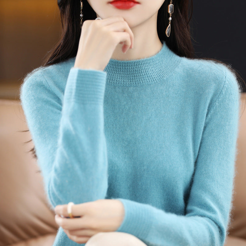 Autumn/Winter Seamless Woolen Sweater Women's 100 Wool Half Turtleneck Loose Pullover Sweater With Slimming Undercoat