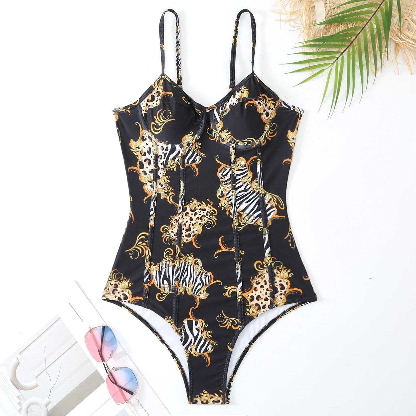 New One-Piece Swimsuit For Women Conservative Slimming Vintage Printed Swimsuit Chiffon Skirt With Steel Push-Up