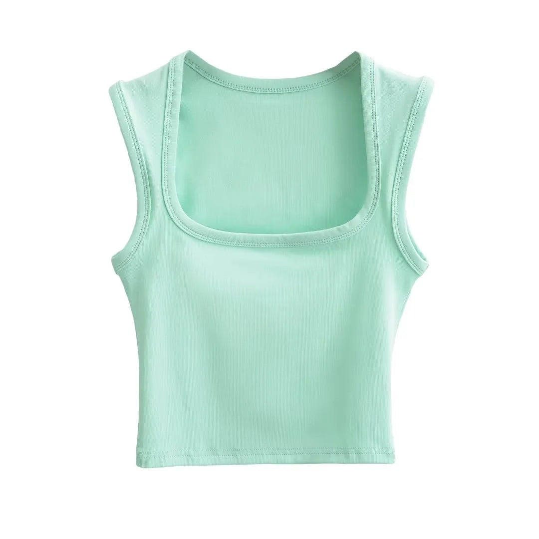 Summer Sexy Slim Deep Square Neck Vest Women Short Crop Tight Solid Color Sleeveless Top Small T Tide