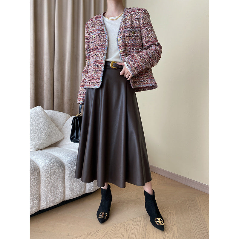 Commuter Style Pleated Temperament A-Line Leather Skirt