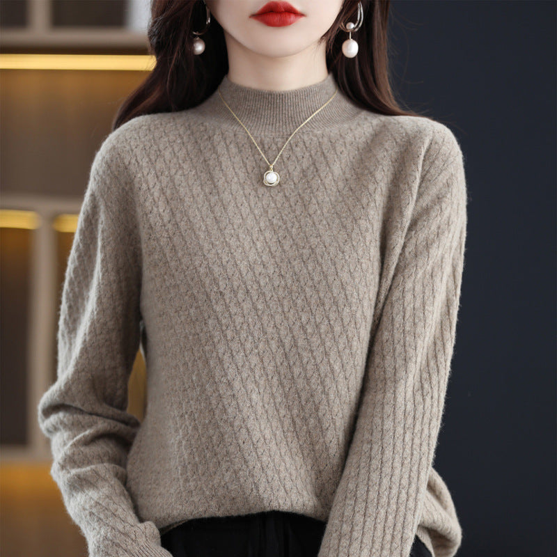 Full Body Jacquard Female Half Turtleneck 100 Woolen Sweater Autumn And Winter New Loose Foreign Style Cashmere Sweater To Wear