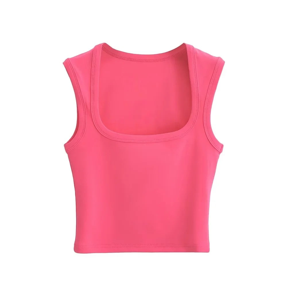 Summer Sexy Slim Deep Square Neck Vest Women Short Crop Tight Solid Color Sleeveless Top Small T Tide