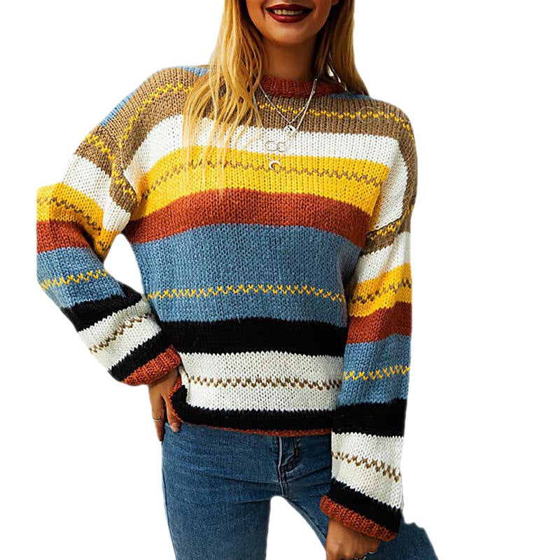 New Spring and Autumn New Women's Color Stripes Splicing Crewneck Long-sleeved Sweater