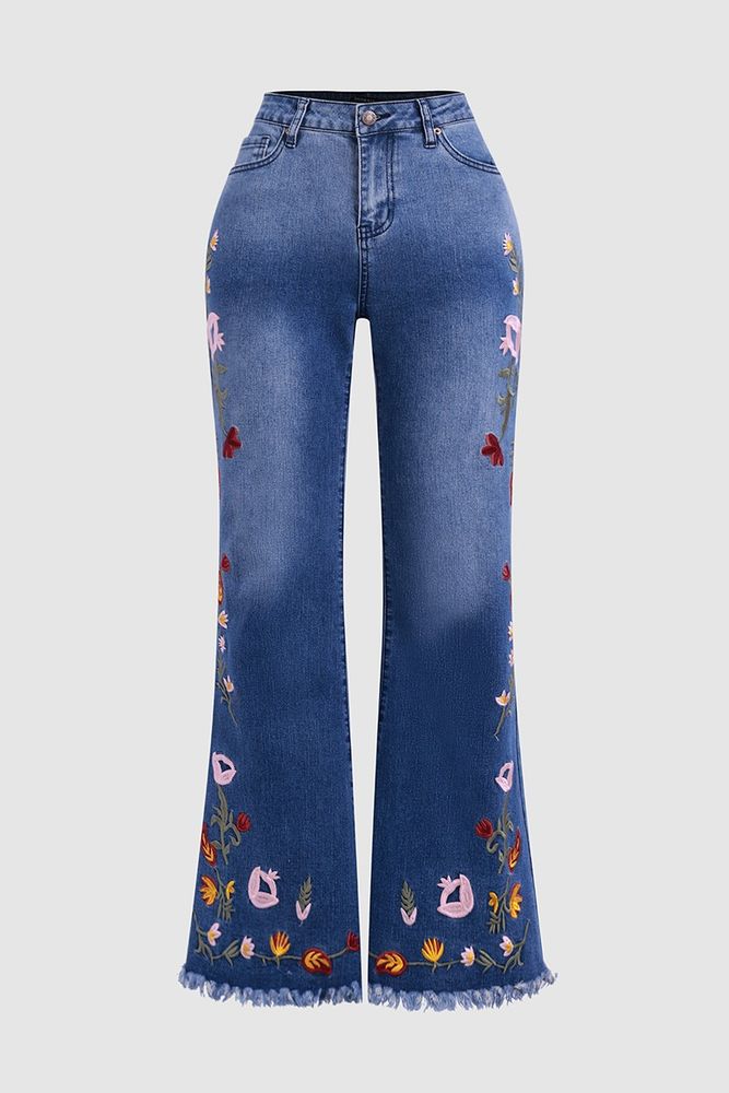 Floral Embroidery Raw Hem Mid Rise Flare Jeans