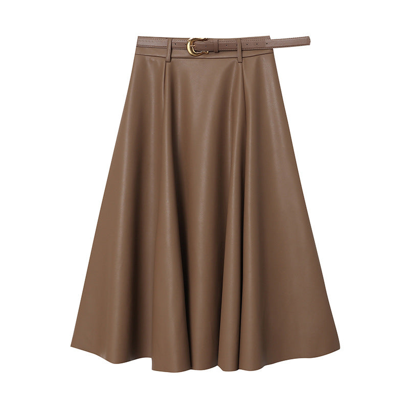 Commuter Style Pleated Temperament A-Line Leather Skirt