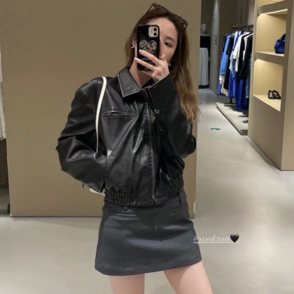 Maillard Style Retro Wipe Color Do Old Motorcycle Leather Jacket Female Autumn/Winter Spice High-Waisted Leather Coat