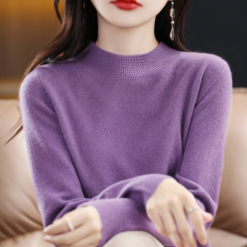 Autumn/Winter Seamless Woolen Sweater Women's 100 Wool Half Turtleneck Loose Pullover Sweater With Slimming Undercoat