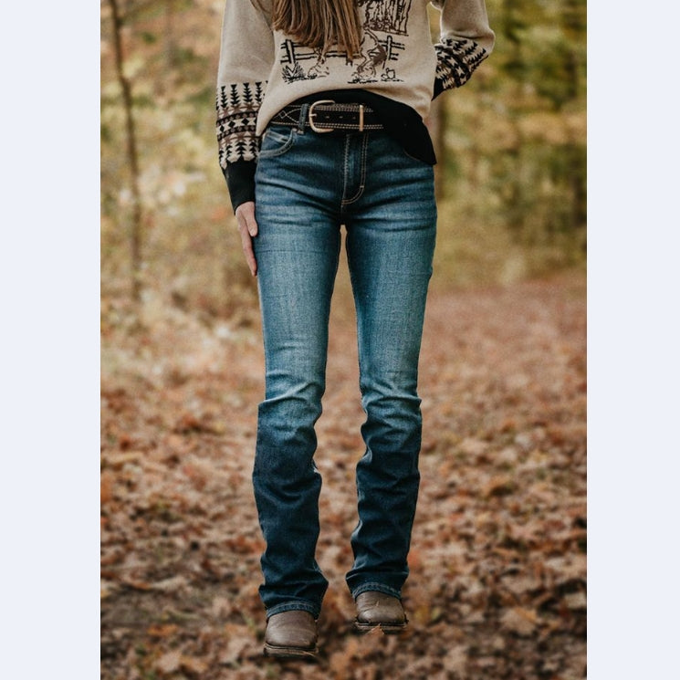 Embroidery High Rise Bootcut Jeans Without Belt