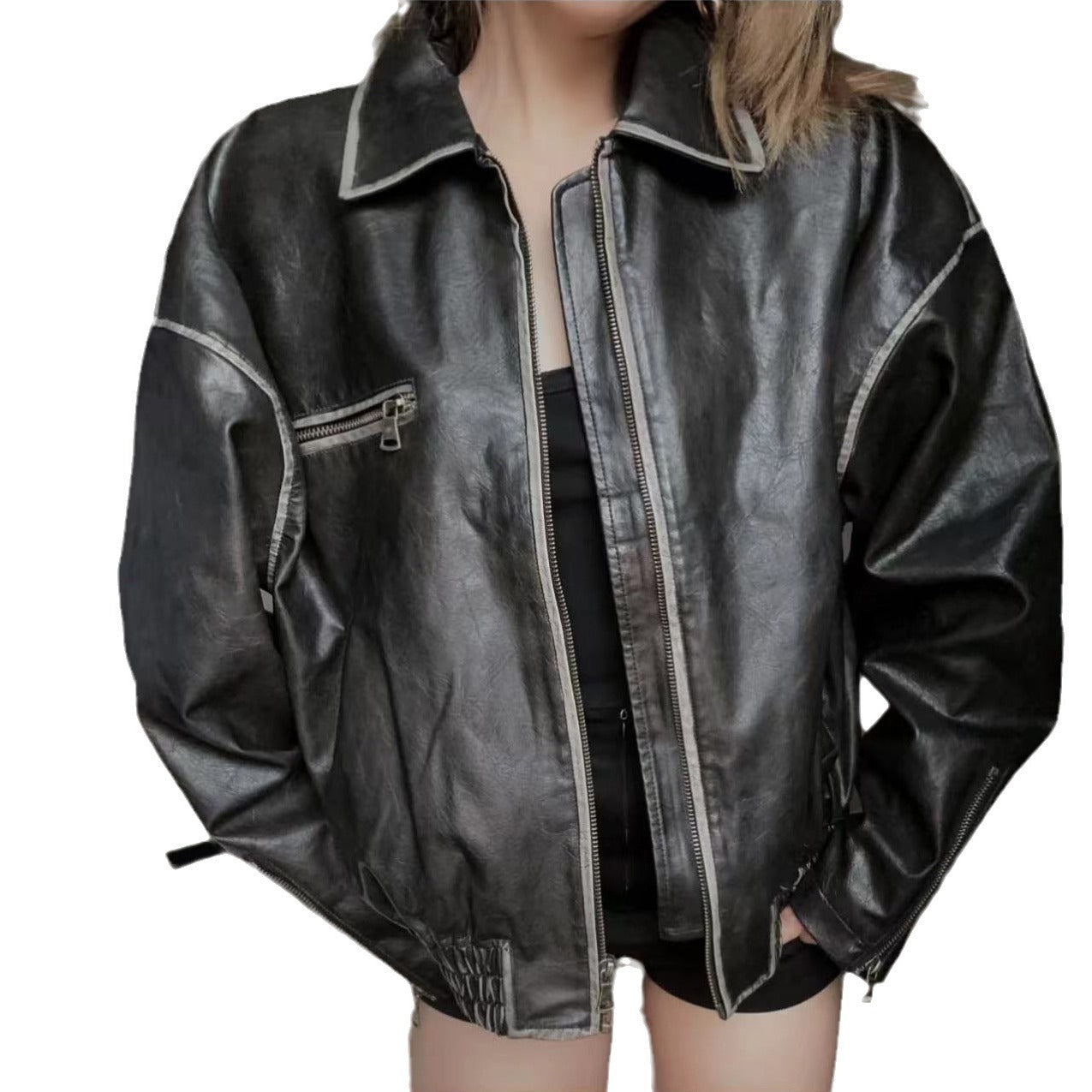 Maillard Style Retro Wipe Color Do Old Motorcycle Leather Jacket Female Autumn/Winter Spice High-Waisted Leather Coat