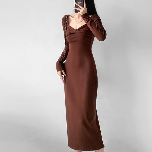 Female Autumn and Winter Square Collar Draw Pleated Bow Design Gentle Fresh Sweet Highlight Collarbone Curved Dress