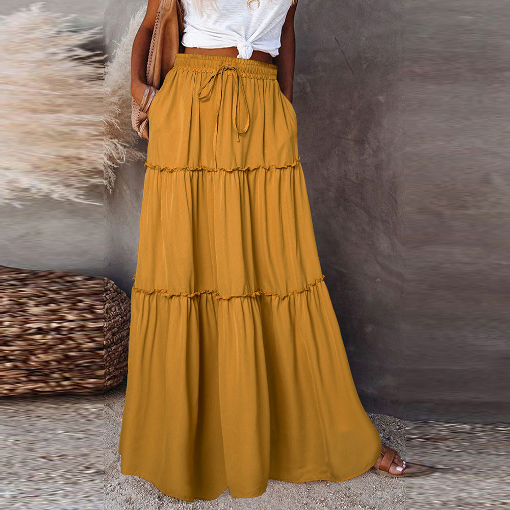 Autumn And Winter New Solid Color Knee-Length Skirt Women Lace-Up Casual Dress