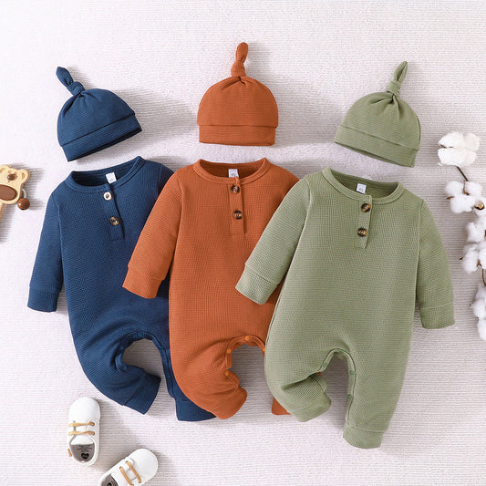 New Three-Color Chinese Clothing Grid Onesie Baby Long Sleeve Solid Color Clothing Climbing Clothes Children's Clothing