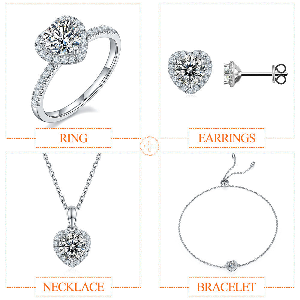 925 Silver Necklace Earrings Bracelet Three-Piece Love Design Moissanite Pendant Jewelry Set